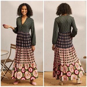 BODEN Floral Long Sleeve Tiered Jersey Maxi Dress in Hotch Potch Multi Womens 10